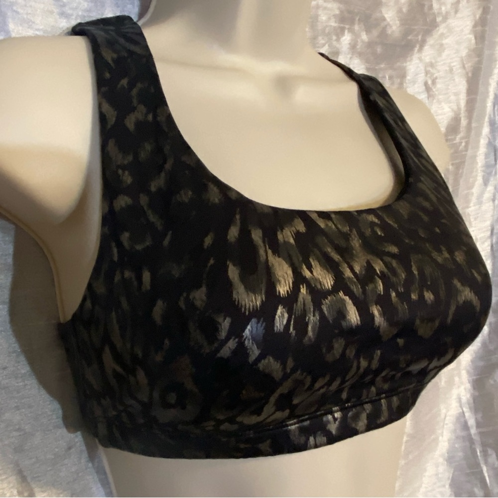 Onzie bralette SZ S/M GUC criss cross back, gunmetal/black leopard print